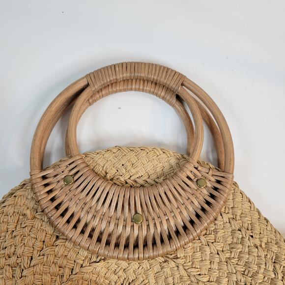 VINTAGE Woven Wooden Cinch Bag Brown Circle Handmade Rattan Summer‎ Beach Bag - Picture 4 of 14